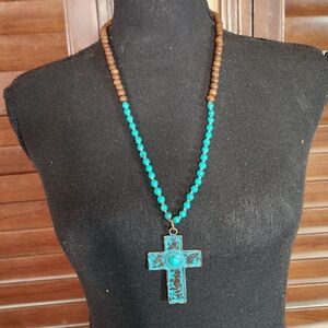 Cowgirl Tuff Blue and Brown Necklace with Cross Pendant